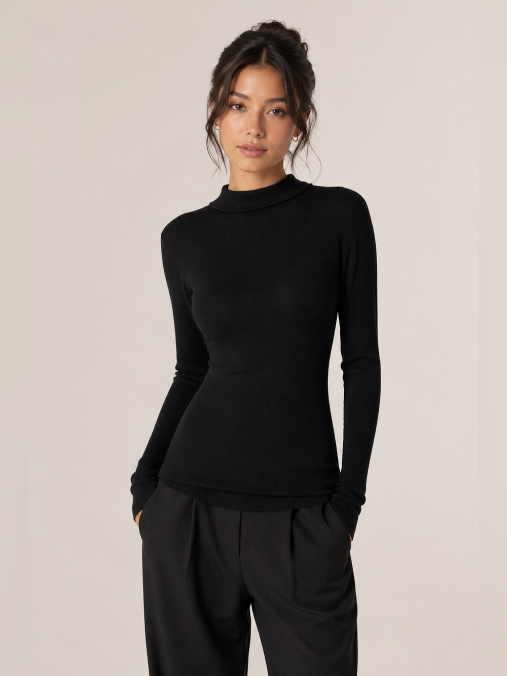 Wilfred Black Mock Neck Long Sleeve Top XS | Minimalist Ribbed Knit Slim Fit